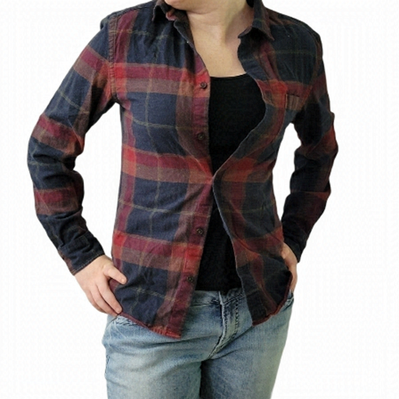 Burgandy Plaid Flannel Regular Fit High Low Button Front Shirt Size XS - Picture 1 of 12